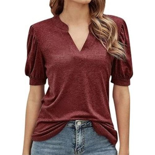 Women Clothing Loose Top Plus Size Shirts Tee V Neck Short Puff Sleeve Solid Color T Shirt Casual Simple Fashion Pullover Blous