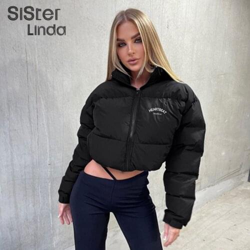 Sisterlinda Winter Thicken Bubble Puffer Y2K Jacket Women Embroidery Letter Zip Cotton-Padded Coat Lady Warm Top Outwear Outfits