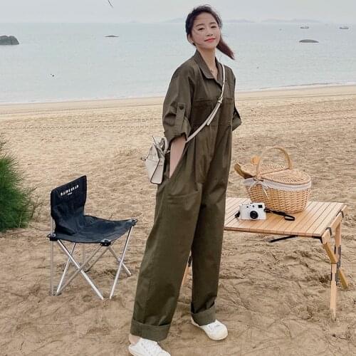 Women Streetwear Fashion Short Sleeve Wide Leg Shirt Jumpsuit Summer Female Hiphop Harem Straight One Piece Cargo Pants Overalls