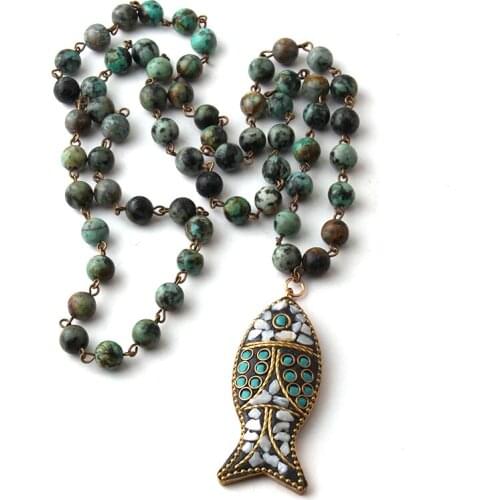 Fashion Link African Stone Ethnic Necklace Bohemian Tribal Jewelry Fish Pendant Halsband For Women Natural Stone Bead Neck