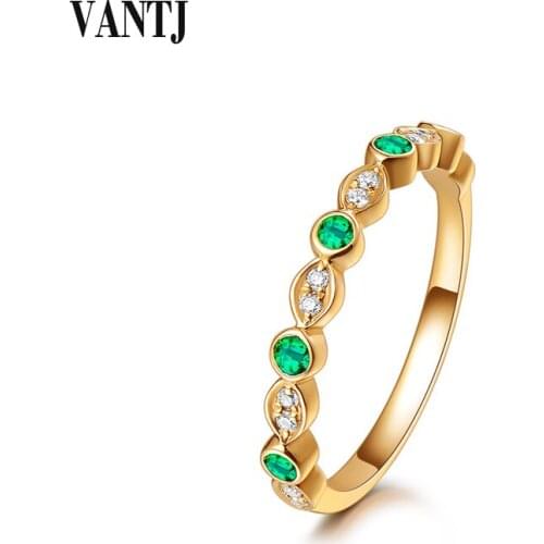 VANTJ Real 10K Yellow Gold Rings Sterling Natural Emerald Diamind 0.03ct Fine Jewelry Women Party Wedding Gift