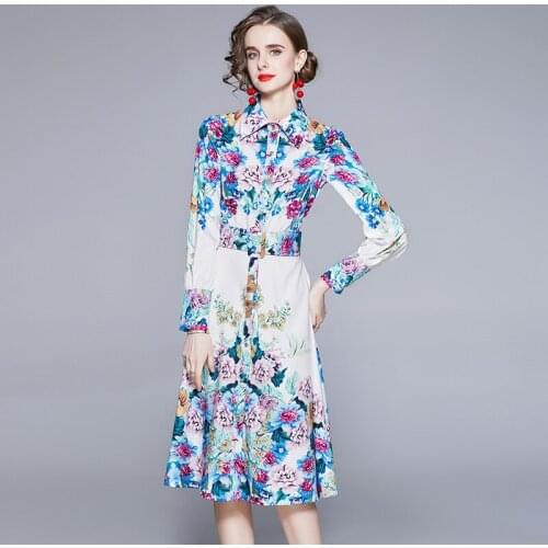 Spring Summer Fashion Runway Shirt Dress Womens Long Sleeve Turn Down Neck Vintage Floral Print Belted Midi Dress k8879