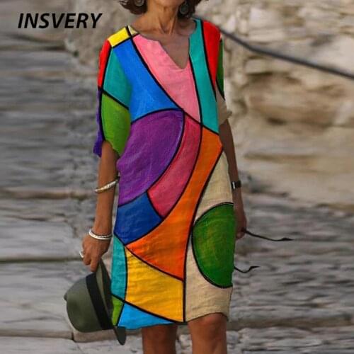 2021 New Women Printing Dress Summer V-Neck Half Sleeve A-Line Dresses Female Retro Vintage Loose Dress Bodycon Dress