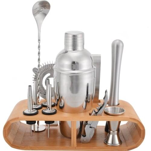 10pcs 550ml Stainless Steel Cocktail Shaker Set with Wooden Rack Mixer Drink Bartender Martini Barware Kit