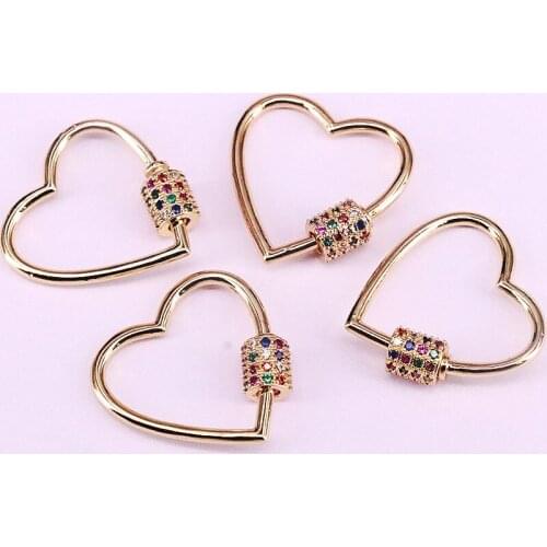 5Pcs, 23*23mm Gold Color Micro Pave CZ Heart Lock Carabiner, Pave Cubic Zirconia Clasp Jewelry Findings