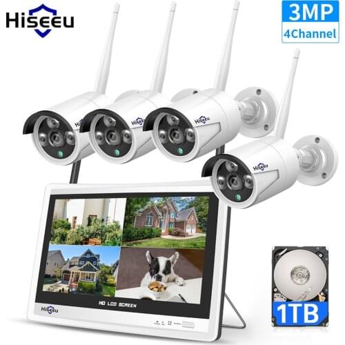 All in one with 12'' LCD Monitor Wireless Security Camera System, 4CH NVR+4pcs 3MP Outdoor Wireless Security Cameras
