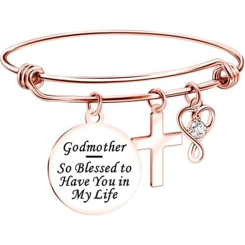 Rose Gold Stainless Steel Bangle Expandable Wire Bangle Women Jewelry Godmother So Blessed to Have You in My Life Charm Cross