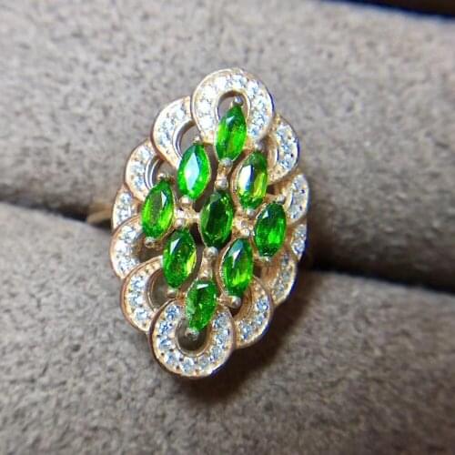 Fashion Elegant long Rhomboid Natural green diopside gem Ring S925 Silver Natural Gemstone Ring Womens party gift Rings Jewelry