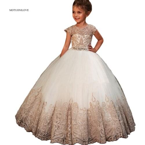 Sheer Cap Sleeves Lace Tulle Ball Gowns Flower Girls Dresses For Wedding Party Kids Children Little Bride Dress Primera Comunion