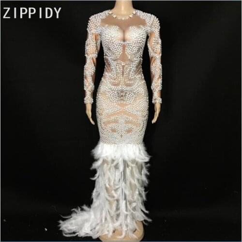 Fashion Shining Rhinestones Pearls White Feather Dress Birthday Party Celebrate Female Singer Costume Stage Performance Dress
