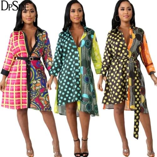 DPSDE 2020 fashion women new casual street style shirt dresses long sleeve lapel single-breasted printed knee-length dresses