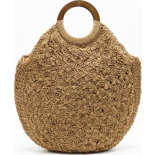 New 2020 womens Woven bag Wooden handle straw Shoulder Bags Round large-capacity beach travel handbag Crossbody bag