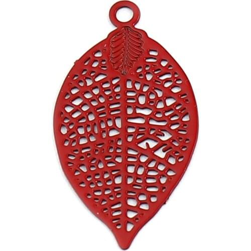 50 PCs Hollow Leaf Copper Filigree Stamping Charms Red Color 19mm x 10mm For DIY Jewelry Making Accessories