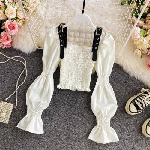 Solid White summer crop top women Square collar backless Sexy club tank top Puff Sleeves Adjustable Spaghetti Strap Chic Tops