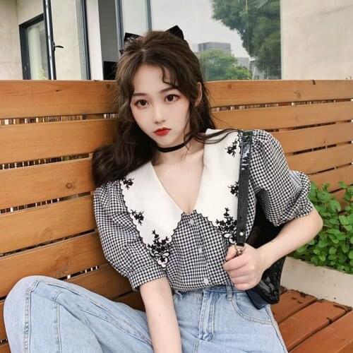 DAXIN Women Floral Blouse Turn-down Collar Puff Sleeve shirt Short Sleeve Summer Ladie Chiffon Vintage Plaid Top