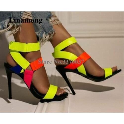 Newest Women Charming Neon Orange Patchwork Stiletto Heel Gladiator Sandals Triangle Buckle High Heel Sandals Dress Heels Shoes