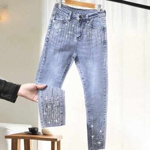 Womens Rhinestone Jeans 2020 Spring New Heavy Industry Diamond Set Fashion Pants Western Style Pants Street Style Jeans Woman