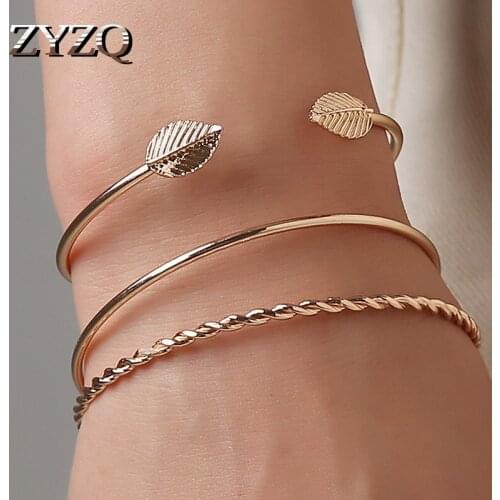 ZYZQ Convient Adjustable Bracelets For Women Three Pcs Leaf Shaped With Gold Color Plated Jewelry Accessories Wholesale Lots