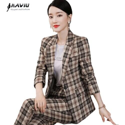 Fashion Casual Plaid Suits Women 2021 Autumn Temperament Formal Slim Long Sleeve Blazer And Pants Office Ladies Work Wear