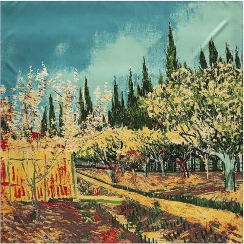 130*130cm Women Silk Square Scarf Van Gogh Forrest Oil Painting Shawls and Wraps Foulard Femme Luxury Hijab Head Scarves