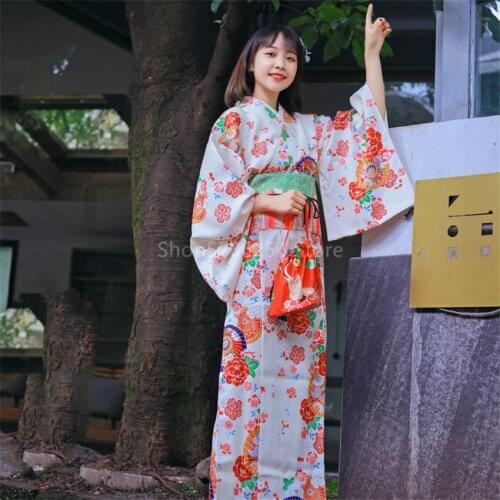 Women Kimono Dress Japanese Traditional Style Streetwear Floral Print Yukata Cosplay Costume Belt Girl Summer Festival Outfits