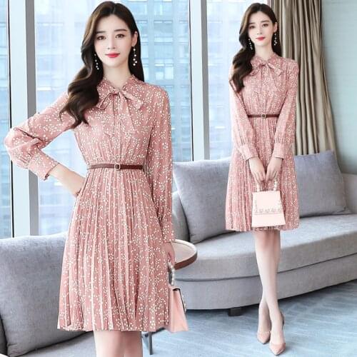 Midi Women Floral Pleated Dress Autumn Spring Runway 2020 Korean Long Sleeve Pink Dress Boho Retro Casual Preppy Elegant Dresses