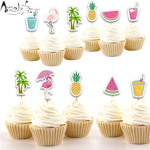 Flamingo Theme Party Cupcake Toppers 18PCS Summer Holiday drinks watermelon Baby Kids Event Birthday Party Decorations Supplies