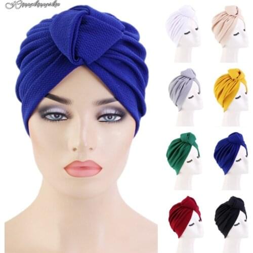 2021 Women Knotted Indian Cap Inner Hijab Stretchy Ruffle Turban Muslim Headwrap Female Ladies Headcover Chemo Caps Beanies Hats