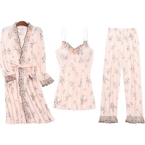 3PCS Sexy Lace Lingerie Cotton Pajama Set for Women 2020 Spring Autumn Long Sleeve Robes Sleepwear Homewear Pijama Mujer Clothes