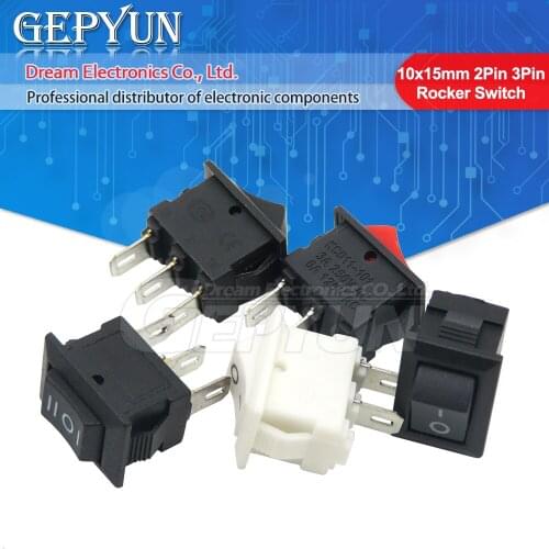 5Pcs Push Button Switch 10x15mm 2Pin 3Pin 3A 250V KCD11 Snap-in on/Off Rocker Switch Black Red White10MM*15MM