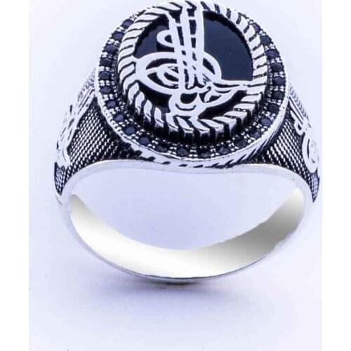 925 sterling Silver Onyx Gemstone Ottoman Tuğralı Mens Silver Ring