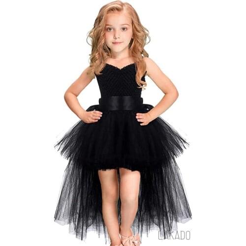 Black Girls Tutu Dress Tulle V-neck Train Girl Evening Birthday Party Dresses Kids Girl Ball Gown Dress Halloween Costume