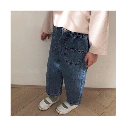 Korean childrens clothing new style boys and girls casual western style big PP jeans with two pockets on the front side