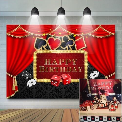 Adult Birthday Backdrop Dice Portrait Playing Cards Photography Background Young Man Red Curtains Las Vegas Casino Photo Studio