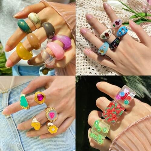 17KM Fashion Colourful Transparent Acrylic Resin Rings Set For Women Geometric Square Round Ring Party Jewelry Gifts