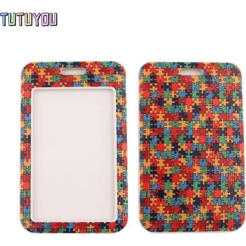 1pc PC2610 Autism Jigsaw Creative Lanyard Card Holder Student Hanging Neck Mobile Phone Lanyard Badge Subway Access Card Holder