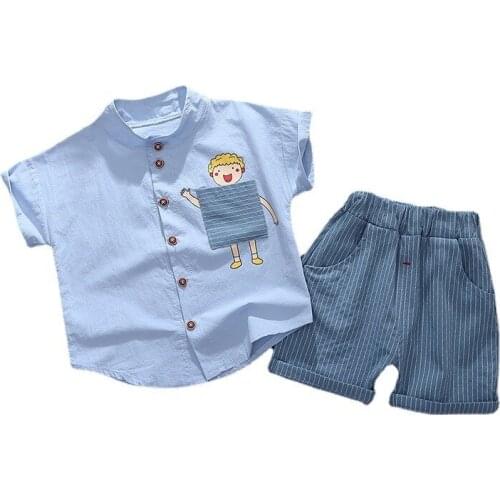 Summer Toddler Cartoon Clothing Baby Boys Girls Shirt Shorts 2Pcs/sets Kids Turn-down Collar Clothes Children Striped Tracksuits