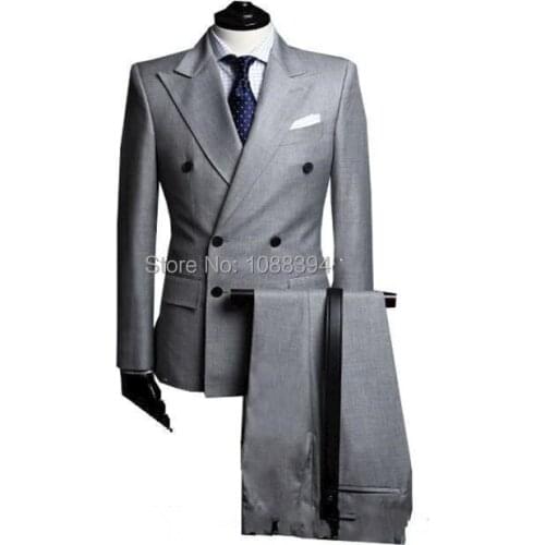Best Selling 2018 Light Grey Double Breasted Mens Suits For Wedding Best Man Suit Groom Tuxedos For Men Peaked Lapel Groomsmen