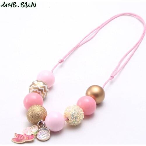 MHS.SUN Mermaid Pendant Beads Necklace Baby Girls Adjustable Rope Necklace Chunky Beaded Jewelry For Kids Children Party Gifts