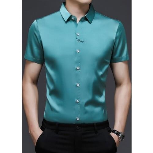 Mens Pure Color Silk Shirts Summer Office Man Casual Soft Clothes Short Sleeved Silk Streetwear Shirt