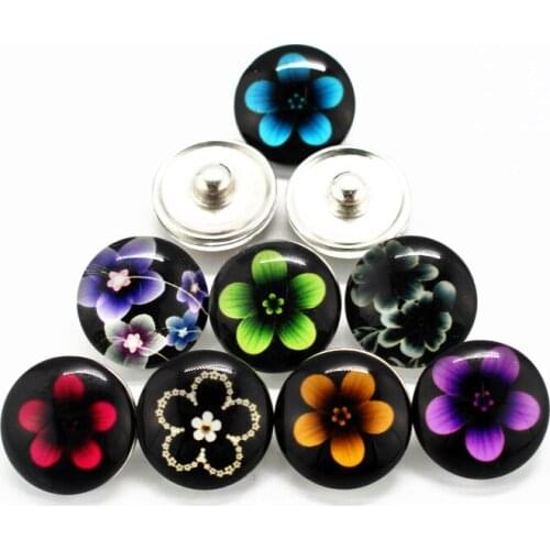New Arrive 12pcs/lot Mix flower glass snap buttons 18mm leather clasp snap button bracelet snap Bangles jewelry