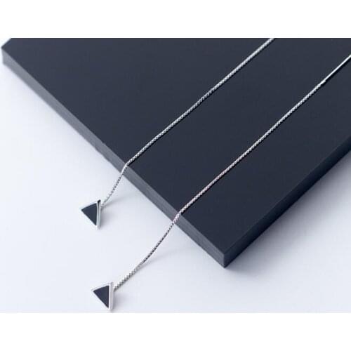 Authentic Real 100% 925 Sterling Silver fine Jewelry Black Enamel Triangle Geometric Threader Long Earrings Dangle GTLE2380
