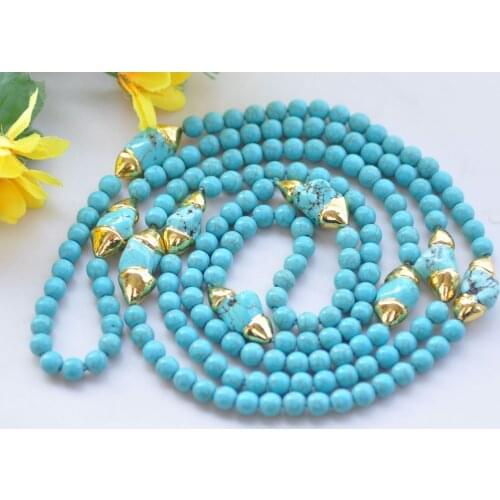 S2509 62" 28mm Blue Gold-plating Baroque Turquoise Necklace CZ