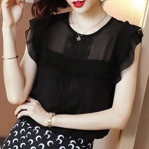 Black Sleeveless Shirts Female Summer 2021 New Chiffon Splice Ruffle Slim Imitation Silk Top Solid Shirt and Blouse Women Y794