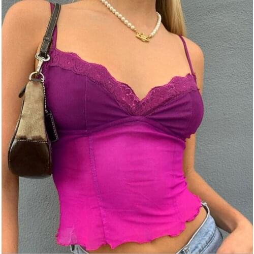 Y2K E-Girl Vintage Lace Tops Women Sexy See-Through V Neck Aesthetic Crop Tops Bodycon Sleeveless Club Soft Mesh Shirts