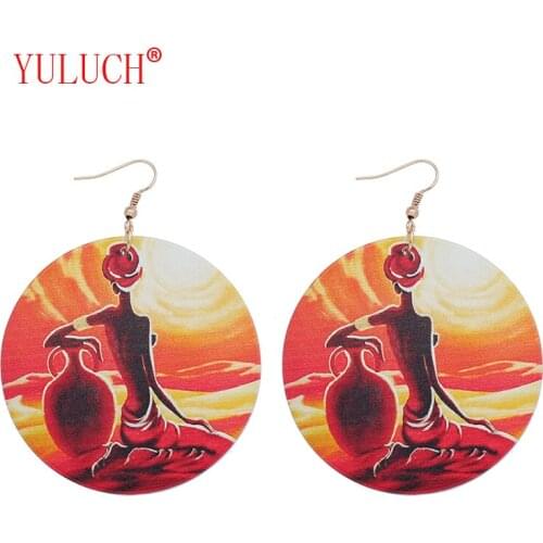 YULUCH New Design Ethnic Painted Life Dusk Under African Woman Pendant Vintage Jewelry Wooden Earrings Accessories Gifts