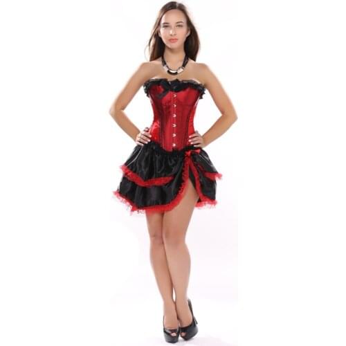 Women Sexy Satin Lace Corset Dress Victorian Vintage Corset Bustier Lingerie Top With Mini Pleated Skirt Set Plus Size S-6XL