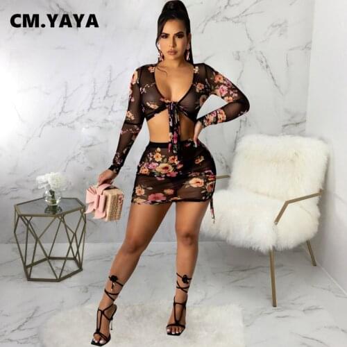 CM.YAYA Women Set Print Full Sleeve V-neck Bandage Crop Tops Shirring Skinny Mini Skirts Two 2 Piece Sets Sexy Night Outfit Fall
