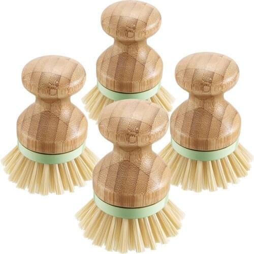 4 Pieces Mini Bamboo Scrub Brush Coconut Bristles Pot Brushes Dish Scrubber for Cast Iron Skillet, Kitchen Sink, Bathroom, House