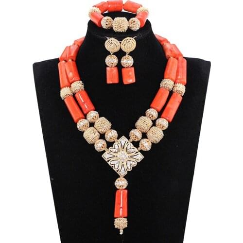 African Nigerian Wedding Coral Necklace Set 2017 Fashion Real Coral Jewelry Set for Women Gold Bridal Beads Jewellery ABH679